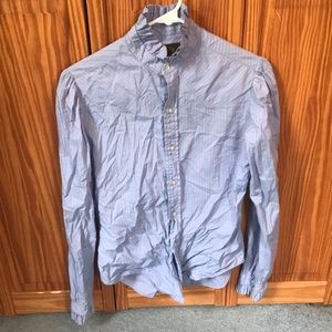 Vintage blue and purple striped ruffle collared button down blouse